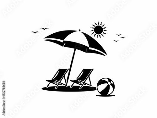 Summer Beach Vacation Elements Silhouette with Umbrella and Chairs