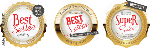Three gold and white best seller stickers on a plain background