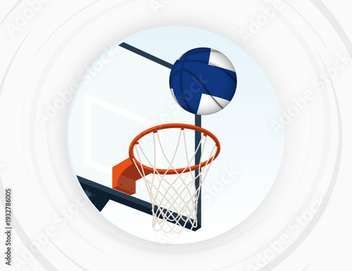 Finland Flag Themed Basketball in Motion, Scoring Moment in Basketball Game.