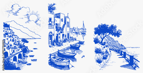 Coastal village harbor boats promenade seaside houses. Hand drawn mediterranean summer scenes with italian town, moored boats and scenic walkway. Vintage travel illustration set.