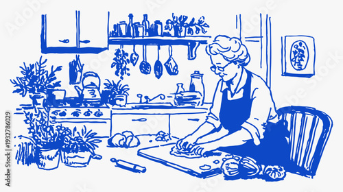 Home kitchen baking scene crayon vintage sketch drawing. Blue line illustration of woman kneading dough, herbs and tools on table. Cozy cooking for food blog or menu design.
