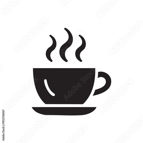 A steaming cup of coffee on a saucer viewed from the side on a simple background