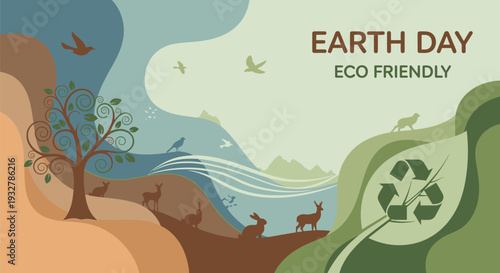 Earth Day eco-friendly illustration featuring animals and recycling symbol in a natural landscape view