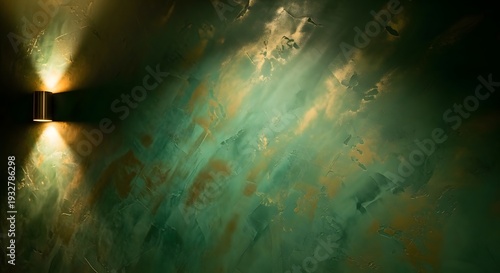Dark emerald green wall with golden splashes and light from a modern sconce lamp, textured background, artistic plaster, luxurious interior, ambient lighting, rough texture, elegant design