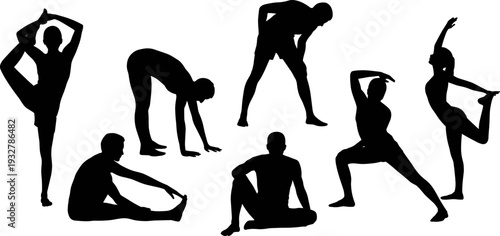 Yoga and stretching silhouette collection, fitness training poses for flexibility balance warm up and healthy lifestyle