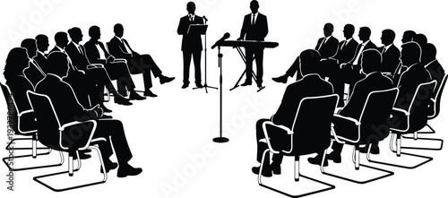 Professional business seminar silhouette, corporate audience in suits sitting in circle listening to keynote speaker and presenter at conference meeting, vector.