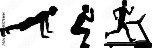 Fitness workout silhouette set, push up squat and treadmill running exercises for strength and cardio training