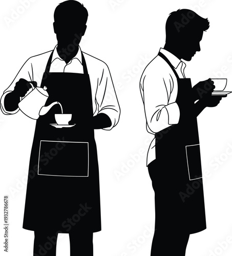 Professional barista silhouettes set, male waiter pouring hot coffee and server tasting beverage in apron, isolated vector on white background.