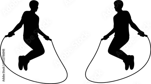 Jump rope fitness silhouette set, athlete skipping rope cardio workout exercise isolated on white background