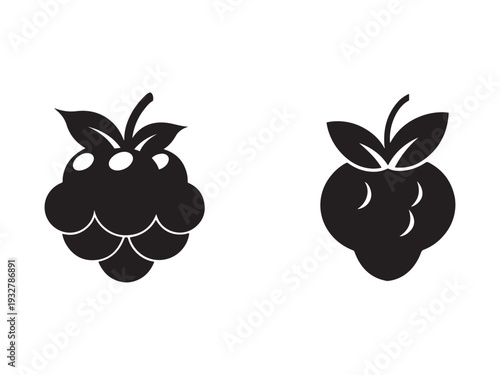Black silhouettes of raspberries with leaves on white background  simple fruit icons