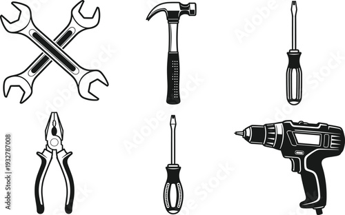 Black industrial hand tools silhouette set with wrench, hammer, screwdriver, pliers and power drill, home repair icons for construction and maintenance,