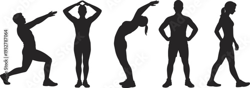 Stretching fitness silhouette set, men and women warm up exercise poses isolated on white background