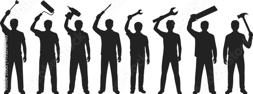 Construction worker silhouettes holding tools isolated on white background, handyman collection with hammer, wrench, drill, saw and paint roller