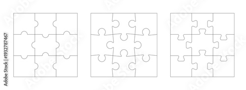 Jigsaw puzzle templates with interlocking pieces. Blank puzzle piece templates featuring wavy interlocking edges in 9 pieces. Vector layouts kit with line pattern, design collection for game education