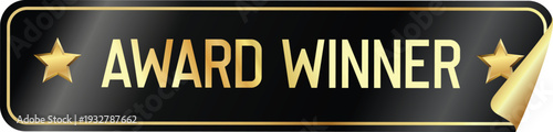 A black and gold award winner badge with stars