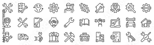 Set of 30 outline icons related to wrench. Linear icon collection. Editable stroke. Vector illustration