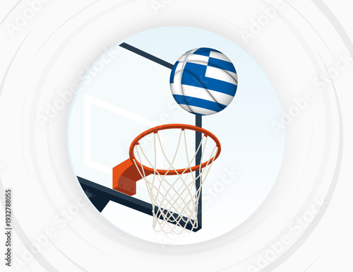 Greece Flag Themed Basketball in Motion, Scoring Moment in Basketball Game.