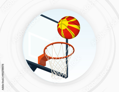 North Macedonia Flag Themed Basketball in Motion, Scoring Moment in Basketball Game.
