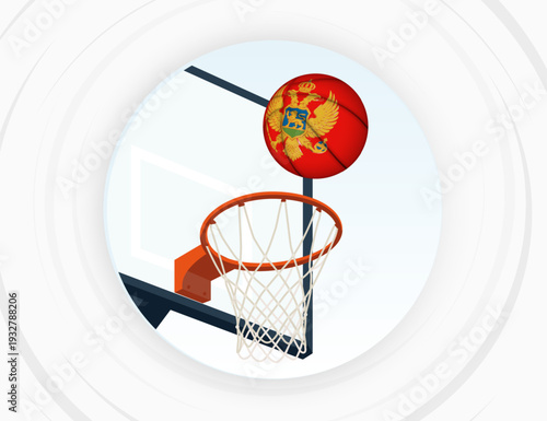 Montenegro Flag Themed Basketball in Motion, Scoring Moment in Basketball Game.