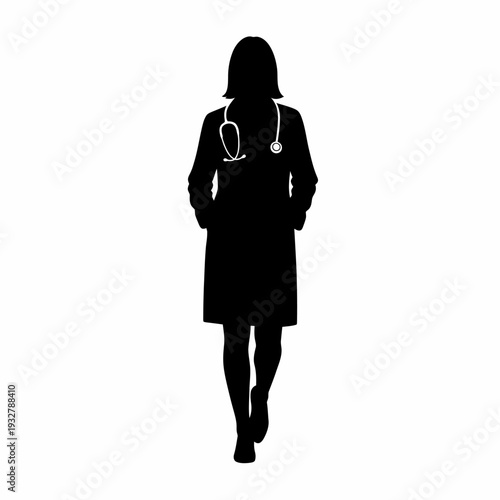 Female Doctor Silhouette Walking with Stethoscope.