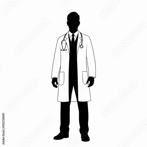 Doctor in Lab Coat with Stethoscope Standing.