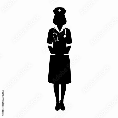 Female Nurse Silhouette Standing with Stethoscope.