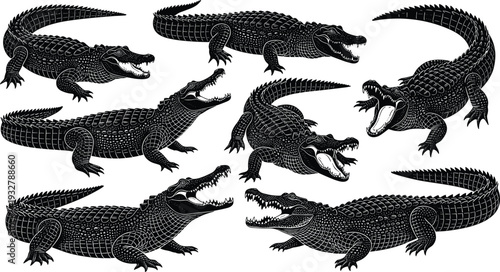 Crocodile silhouette collection, alligator wildlife icons set, predatory reptile vector shapes, isolated swamp animal graphics, black caiman silhouettes for design,