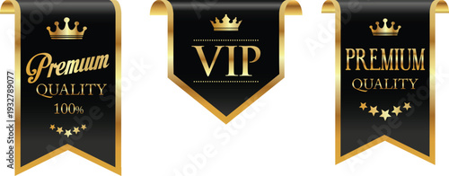 Three black and gold ribbons with quality labels