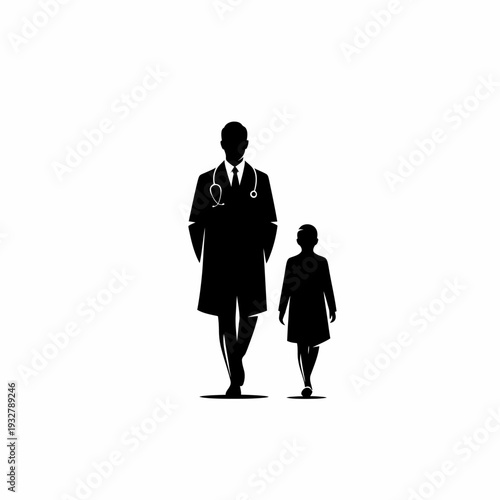 Doctor Walking with Young Patient Silhouette.