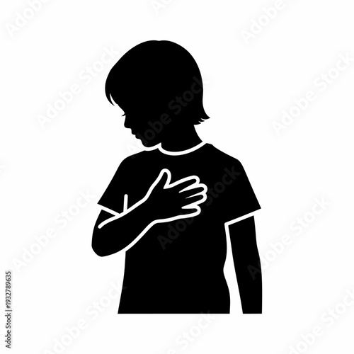 Silhouette of a child touching chest.