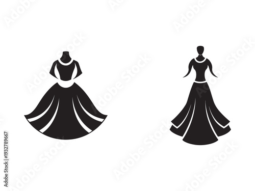 Black silhouettes of two elegant women in ball gowns with white accents isolated on white background