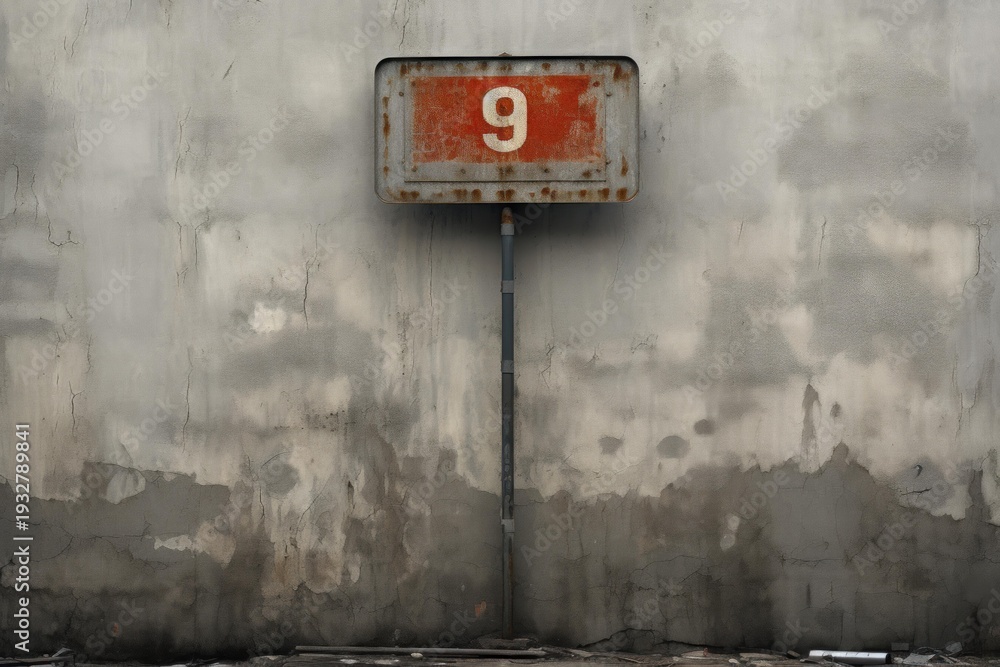 Naklejka premium Number nine sign fixed on a textured concrete wall showing urban decay
