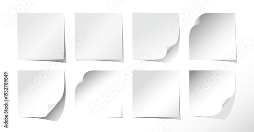 Blank white sticky notes set with folded corners and paper curl shadow effect isolated on light background mockup design
