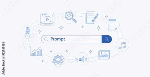 AI prompt search bar with multimedia content icons around digital content generation and artificial intelligence concept design