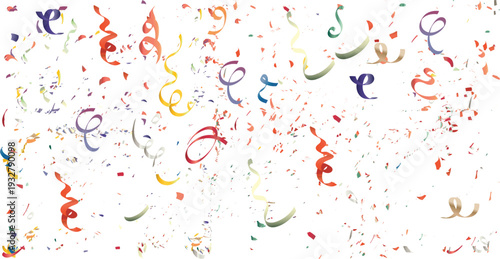 Colorful confetti and curled streamers scattered on white background festive celebration party decoration abstract texture design