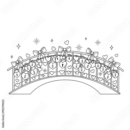 A black and white line art illustration of a bridge adorned with heart-shaped locks and bows