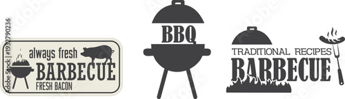 A set of barbecue stickers and signs on a white background