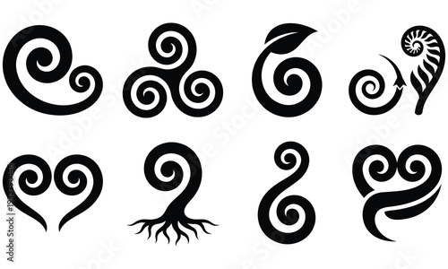 Koru Family Growth Symbol Set Silhouette Vector — Maori Life Journey Spiral Collection Black Isolated Clipart