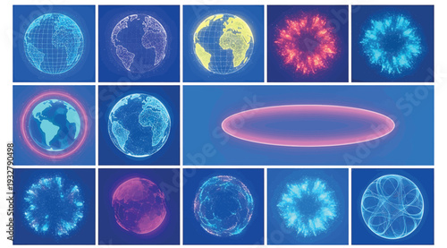 Collection of various colorful glowing world maps and globes on blue backgrounds with neon effects