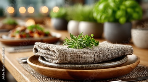 Elegant Table Setting with Linen Napkin and Fresh Herbs Decoration