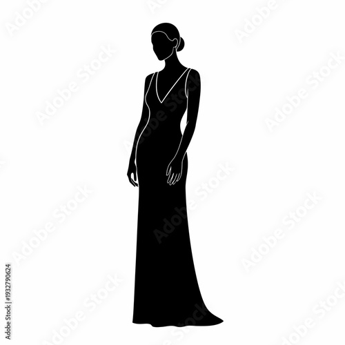 Woman in Elegant Black Evening Gown Silhouette.