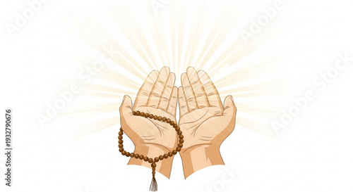 Praying hands with rosary and divine light background symbolizing faith and spirituality in a serene atmosphere