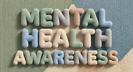 Mental health awareness concept with knitted letters on colorful sweater background fabric texture transparent background