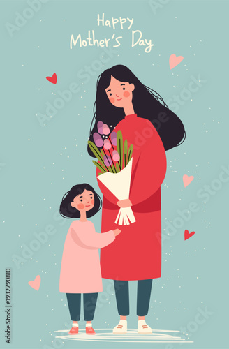 Mother and daughter 8 March womens day celebration bouquet flowers hearts pastel background flat design