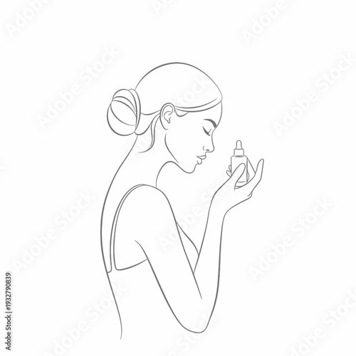 Woman Applying Perfume from Small Bottle.