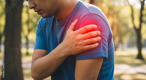 Man experiencing shoulder pain while standing outdoors in a park with trees and greenery visible in the background, captured from a close-up viewpoint