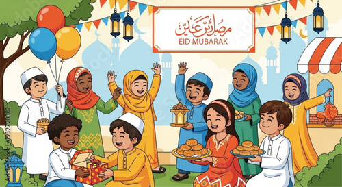 Children celebrating eid mubarak with traditional food and decorations outdoors
