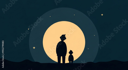 Father and child silhouettes looking at full moon together at night with stars