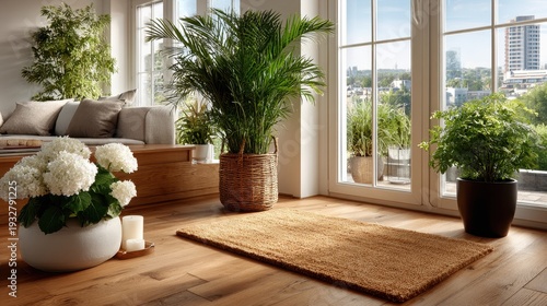 Bright Living Room Interior with Plants, Flowers, and City View