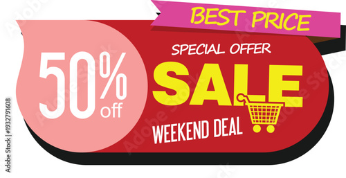 A red and pink sale advertisement with a shopping cart